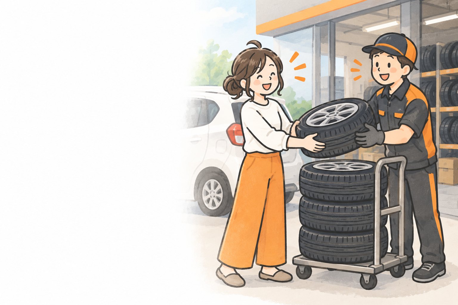 タイヤ店の前で、女性が笑顔でスタッフにタイヤを渡している。スタッフは台車にタイヤ4本を積んでいる
