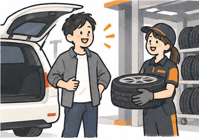 お店に車で来て、スタッフにタイヤを渡している男性