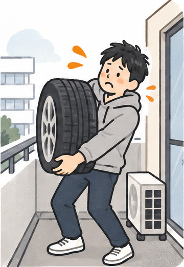 マンションのベランダでタイヤを抱えて困っている男性