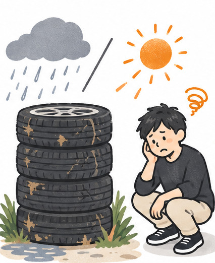 雨と日差しで汚れたタイヤの横で落ち込む男性