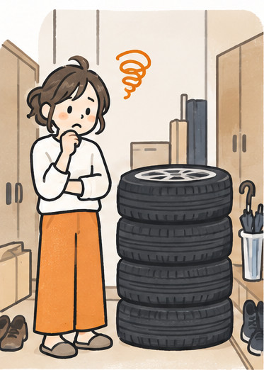 部屋に積んだタイヤの前で困っている女性